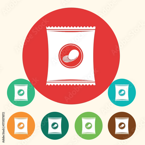 A vector illustration vector art of bag of chips with various colored circles representing different flavors