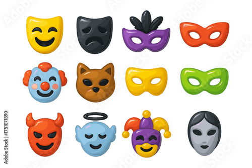 Colorful set of theatrical and carnival masks with expressive designs