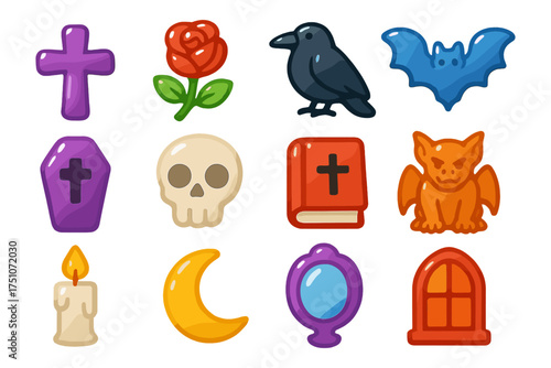 Halloween icons: creepy symbols including skulls, bats, gargoyles, and candles