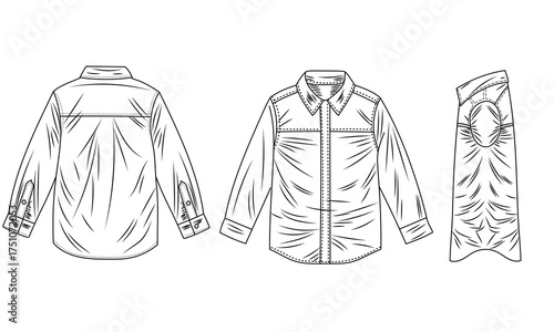 Long sleeves formal shirt vector.Front back and side view  CAD technical drawing isolate in white background.