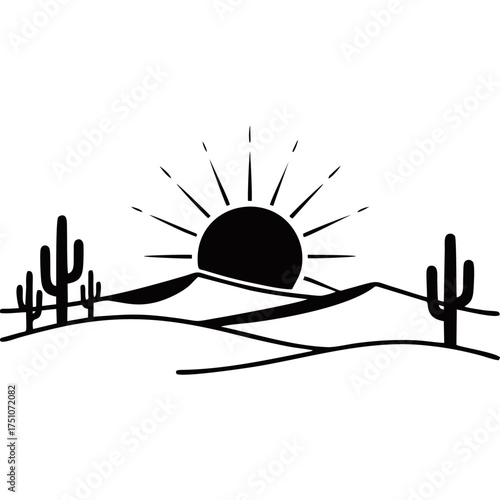 Silhouette of desert landscape with cactus and sun