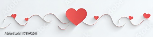 Minimal romantic heart banner with white background and red 3D paper hearts, Saint Valentine horizontal layout with copy space