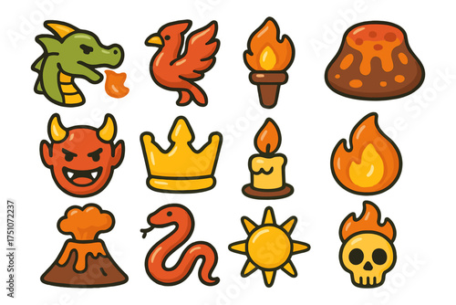 Colorful flame and fire icons featuring dragons, volcanoes, and skulls