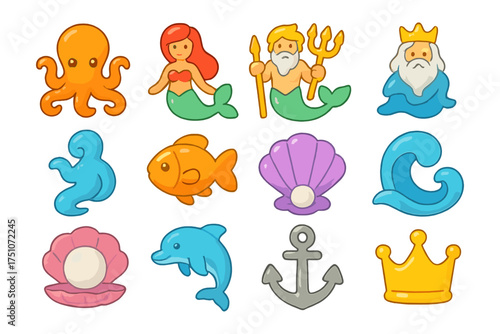 Colorful sea life and nautical icons: marine creatures and nautical symbols