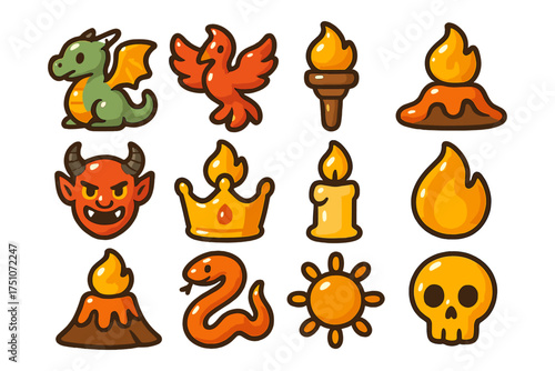 Cute fire-themed cartoon icons collection featuring dragons, flames, and mythical creatures