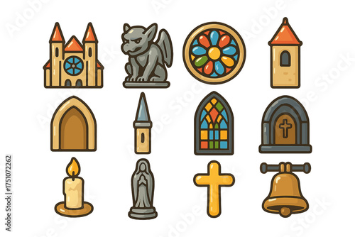 Medieval gothic church icons: gargoyle, stained glass, and more