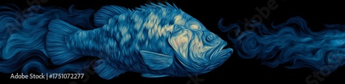 Abstract blue fish with wave pattern on dark background, artistic underwater still life with copy space