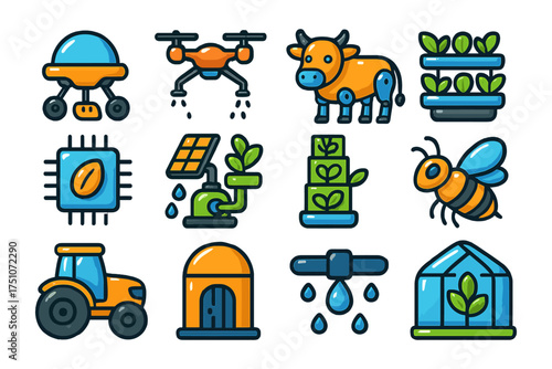 Colorful icons of modern agriculture technology and sustainability