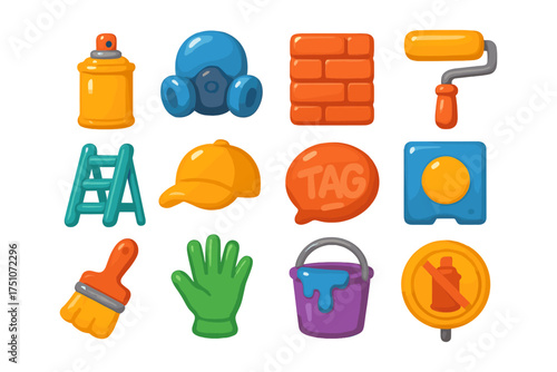 Colorful construction and painting tools icon set with 3d style elements