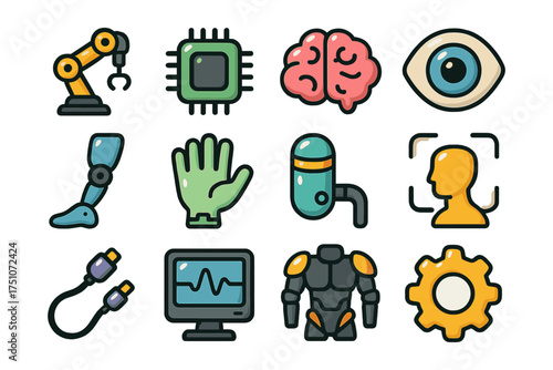 Futuristic technology and robotics icons set featuring brain, eye, and prosthetics