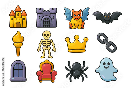 Colorful cartoon halloween elements with castles, creatures, and symbols