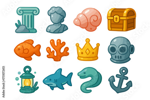 Nautical cartoon icons collection featuring marine life and ancient artifacts