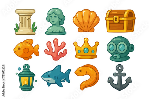 Colorful cartoon nautical and historical icons set