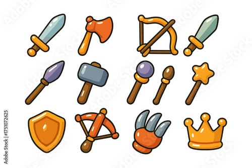 Colorful cartoon medieval weapons and tools collection for games and apps