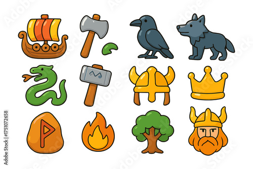 Colorful viking icons: longship, axe, raven, wolf, and mythical symbols