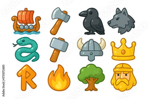 Colorful viking icon set featuring mythical symbols and norse elements