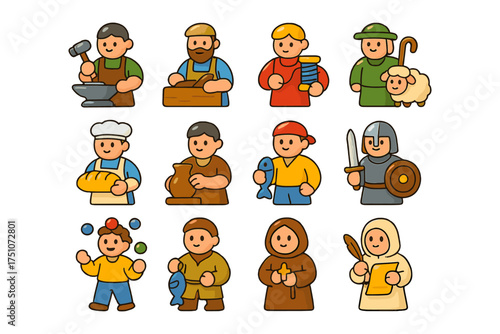 Medieval professions icons collection: diverse characters in colorful flat design
