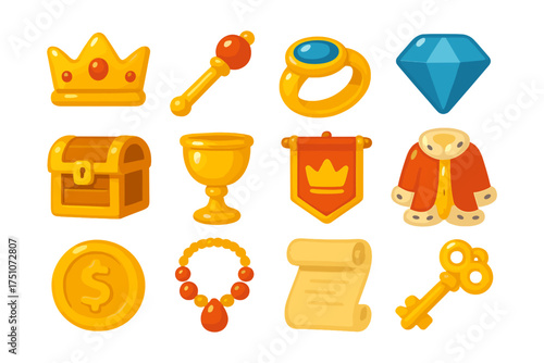Colorful cartoon medieval treasures collection featuring crown, chalice, and more