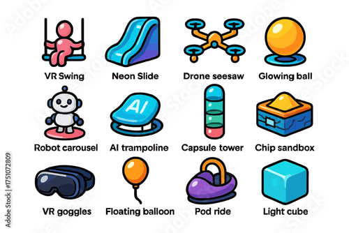 Colorful playground icons: interactive vr, ai fun, and modern equipment