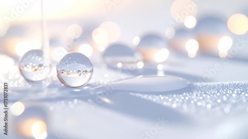 Pouring Clear Liquid Over Crystal Spheres on a Glittery Surface with Bokeh Lights.