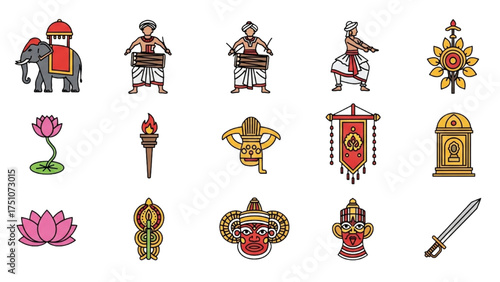 Minimalist One-Line Vector of Devotees and Children Holding Flags Watching the Perahera Parade, Clean Black Outlines on White Background Representing Cultural Pride, Faith, and Heritage