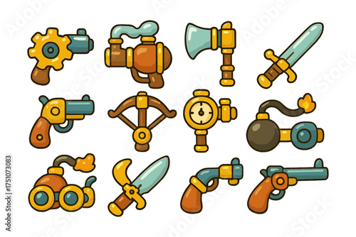 Cartoon stylized steampunk weapons and gadgets collection