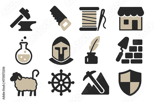 Medieval craft and trade symbols set in flat style