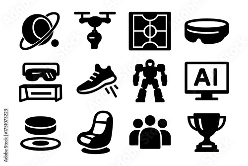Modern technology and sports icons set in bold black silhouette style