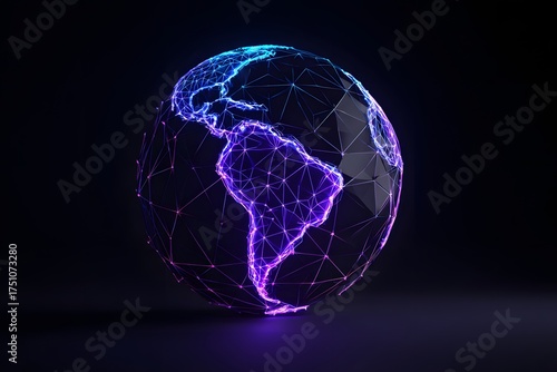 Illuminated digital globe showcasing south america with vibrant neon light grids against a dark background