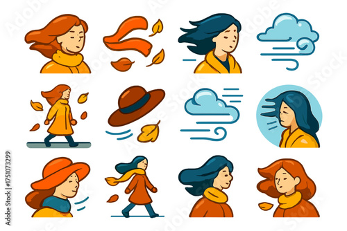 Windy weather characters in cozy attire with autumn elements and accessories