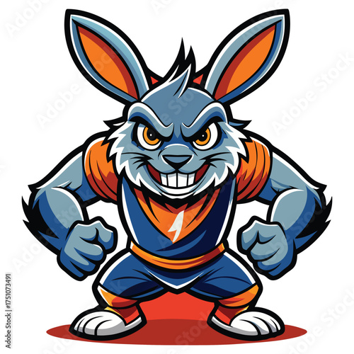 Angry muscular cartoon rabbit character posing confidently