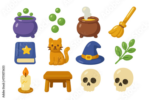 Witchcraft objects set with cute icons of cat, cauldron, and magic hat