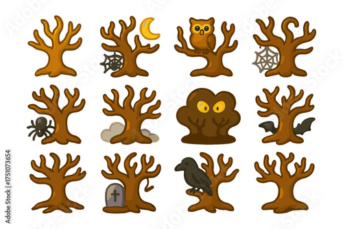 Cartoon spooky tree collection with animals and halloween elements