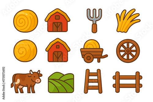 Charming farm elements collection with barns, hay, and farm animals for kids