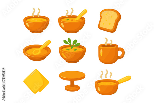 Colorful collection of soup bowls and bread in a flat style illustration