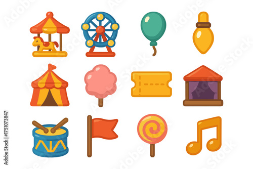 Colorful carnival icons set featuring fun fair elements in flat style