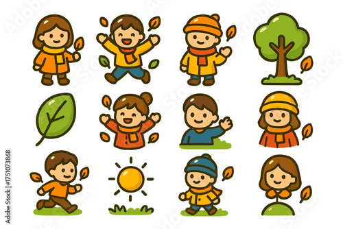 Smiling children and autumn elements in cute cartoon doodle style for seasonal designs