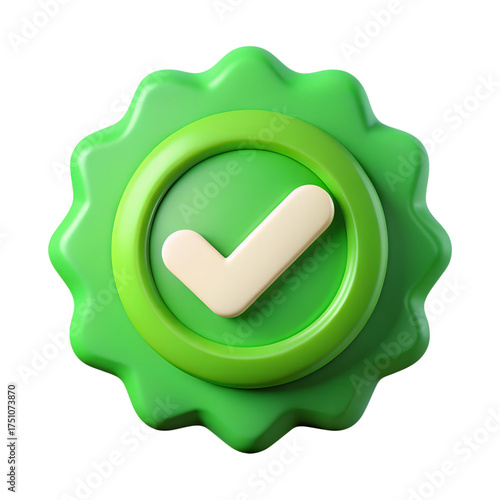 Modern 3D rendered green badge with check mark showing approval quality assurance or secure validation status