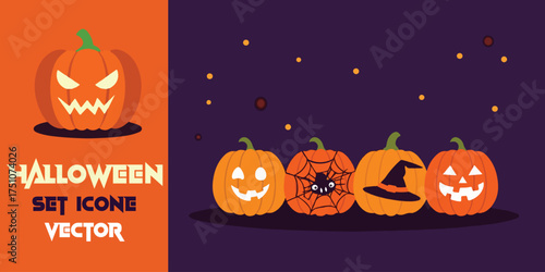 Spooky halloween pumpkins glowing with carved faces and witch hats under a starry night sky celebration