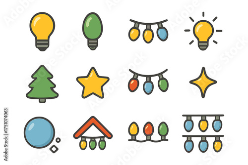 Colorful christmas lights and holiday icons in simple hand-drawn style
