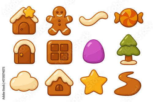 Festive gingerbread and candy icons: holiday sweets collection with houses and trees