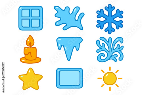 Colorful cartoon seasonal icons: winter, summer, and autumn elements