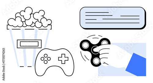 Popcorn bucket, gaming controller, hand spinning fidget toy, and chat bubble offering summary of entertainment, fun, leisure, gaming, communication, hobbies and relaxation in simple flat metaphor