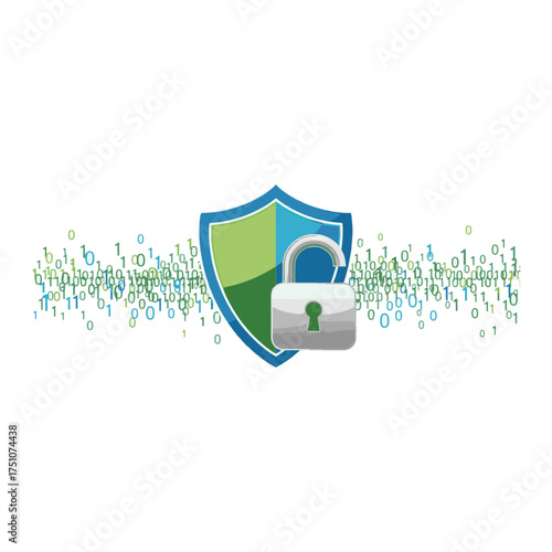 Cyber security concept with shield, padlock, and binary code vector design.