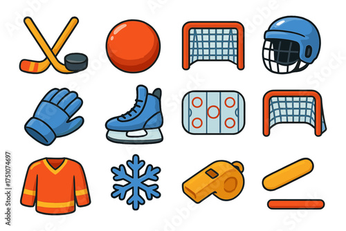 Colorful cartoon icons of hockey equipment and accessories