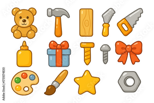 Colorful cartoon icons of toys and tools for creative play and crafting