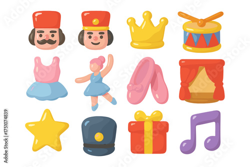 Colorful nutcracker ballet icons with toys and musical themes