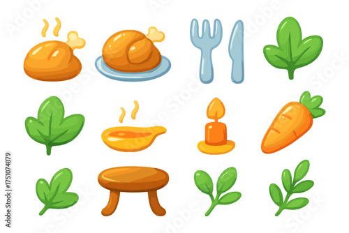 Whimsical cartoon thanksgiving feast elements with turkey, leaves, and cozy accents