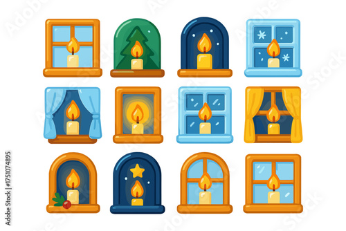 Cozy candlelit windows with seasonal decor in flat style