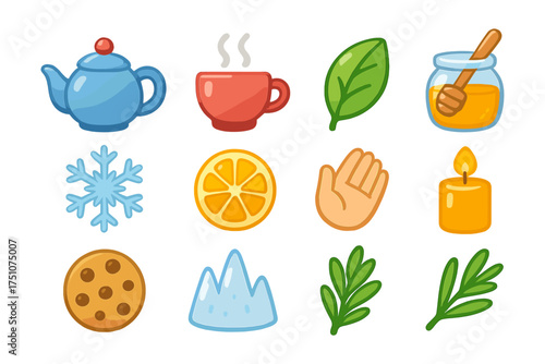 Colorful tea time elements and natural icons collection on white background